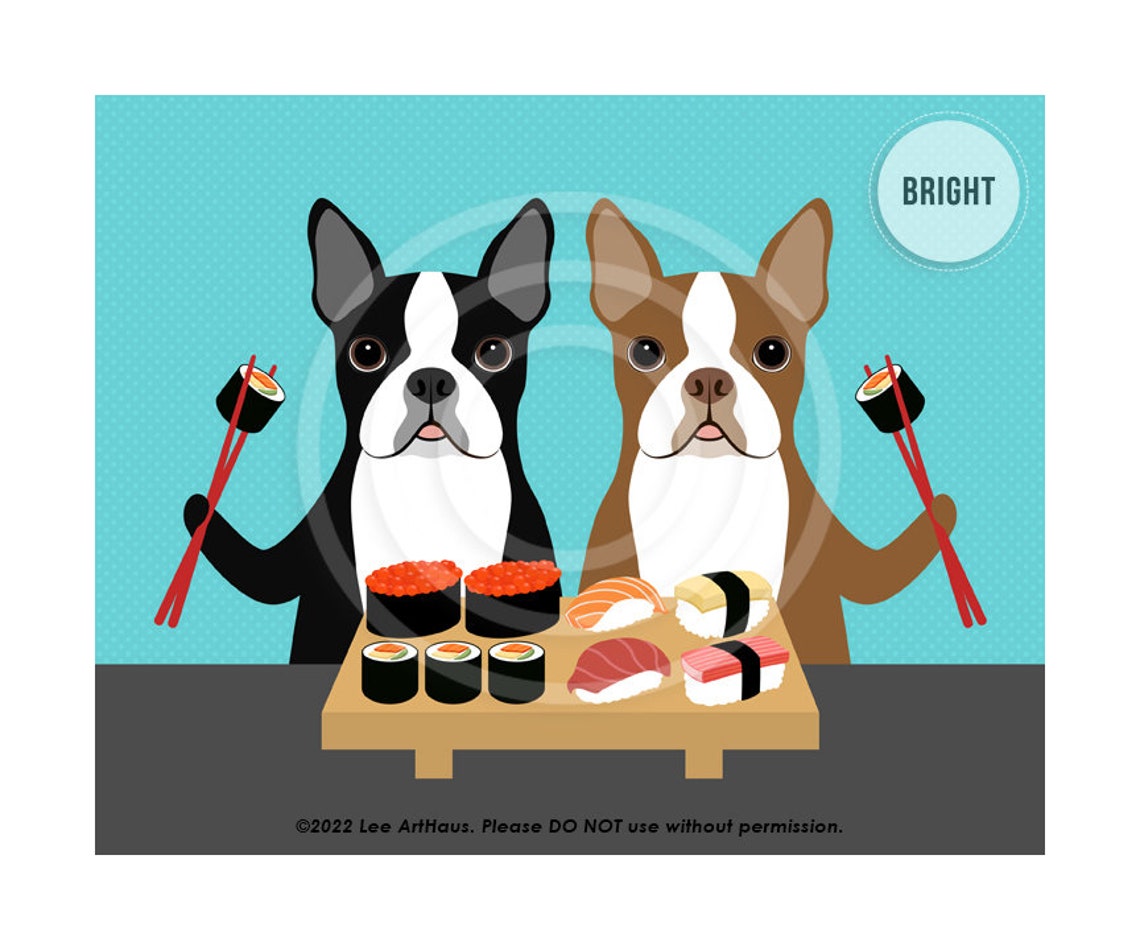 Two Boston Terriers Eating Sushi With Chopsticks Funny Dog Poster - Image 2