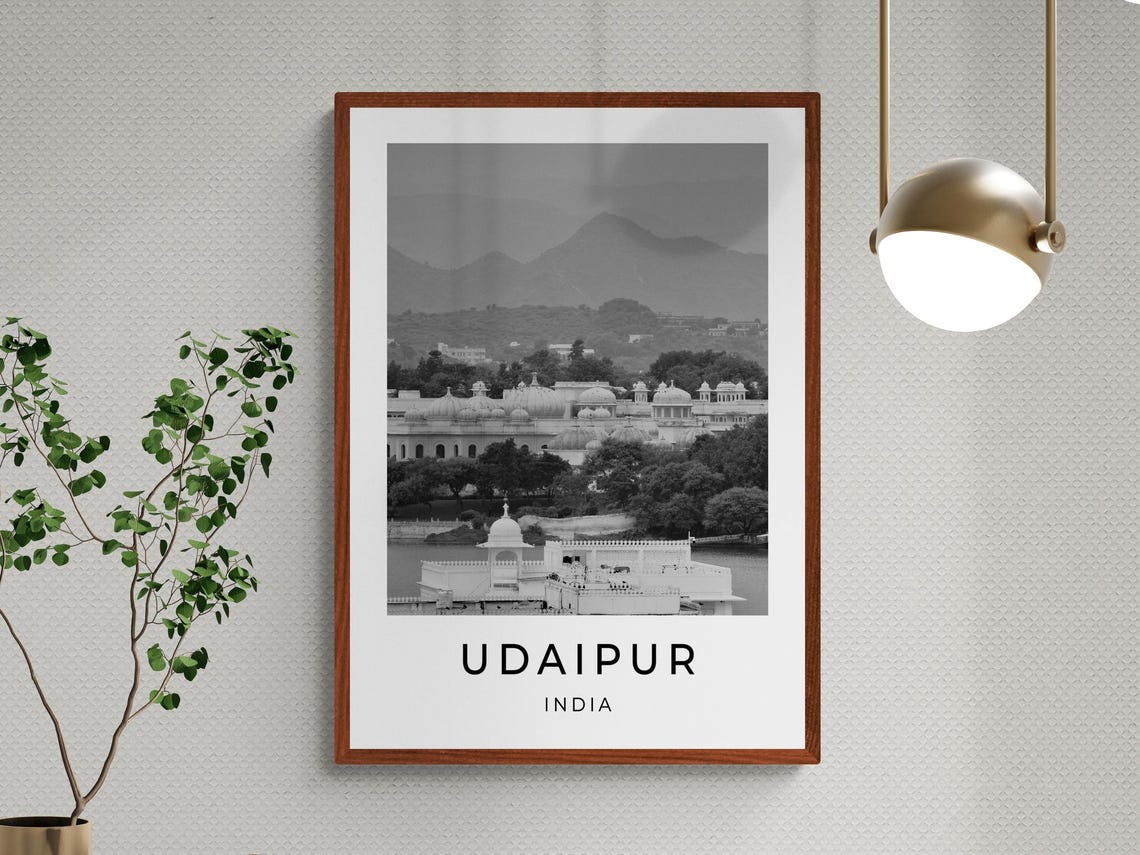Udaipur India Lake Pichola Palace Domes Black White City Poster - Image 3