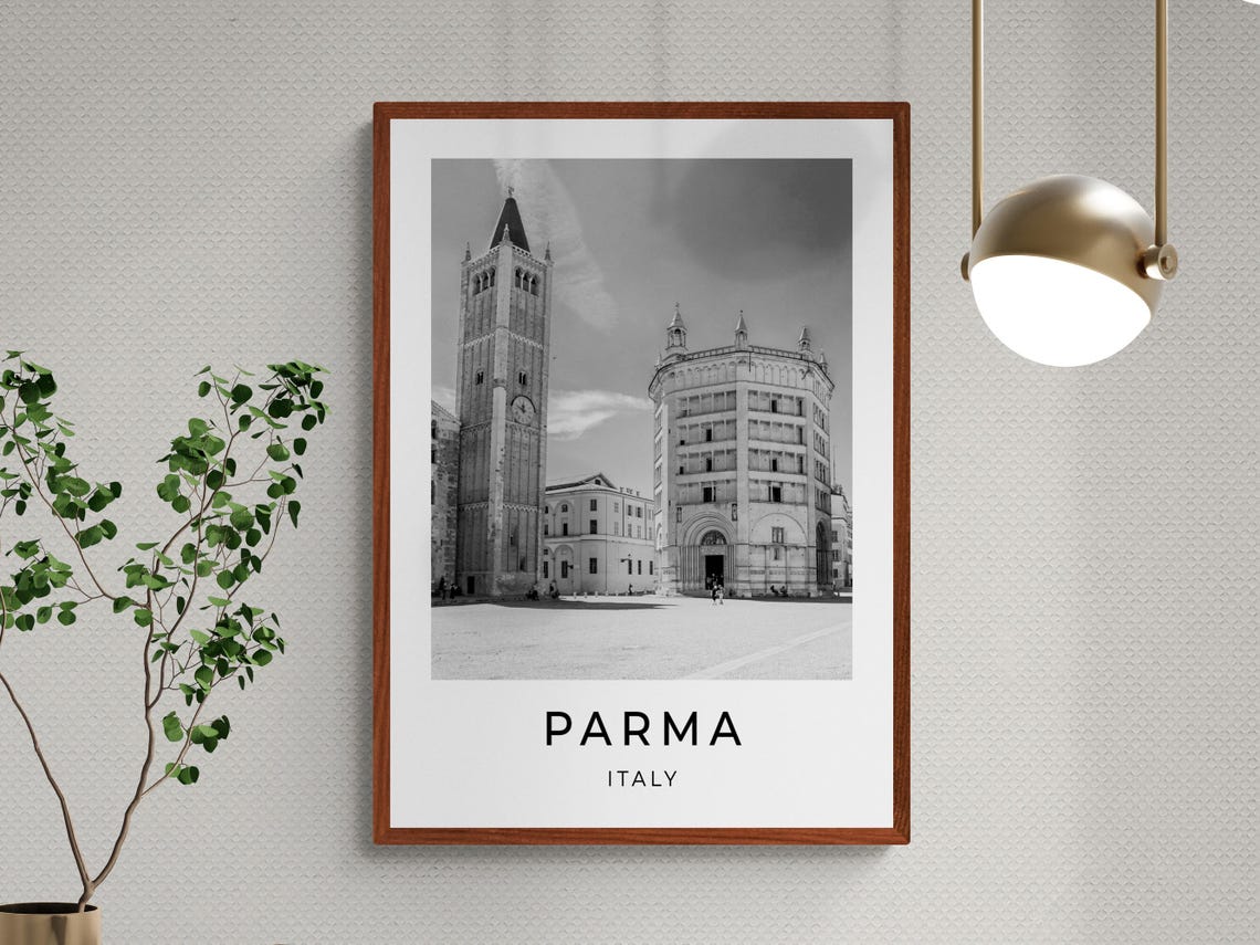 Parma Italy Black and White Cathedral Bell Tower Square Travel Poster - Image 2