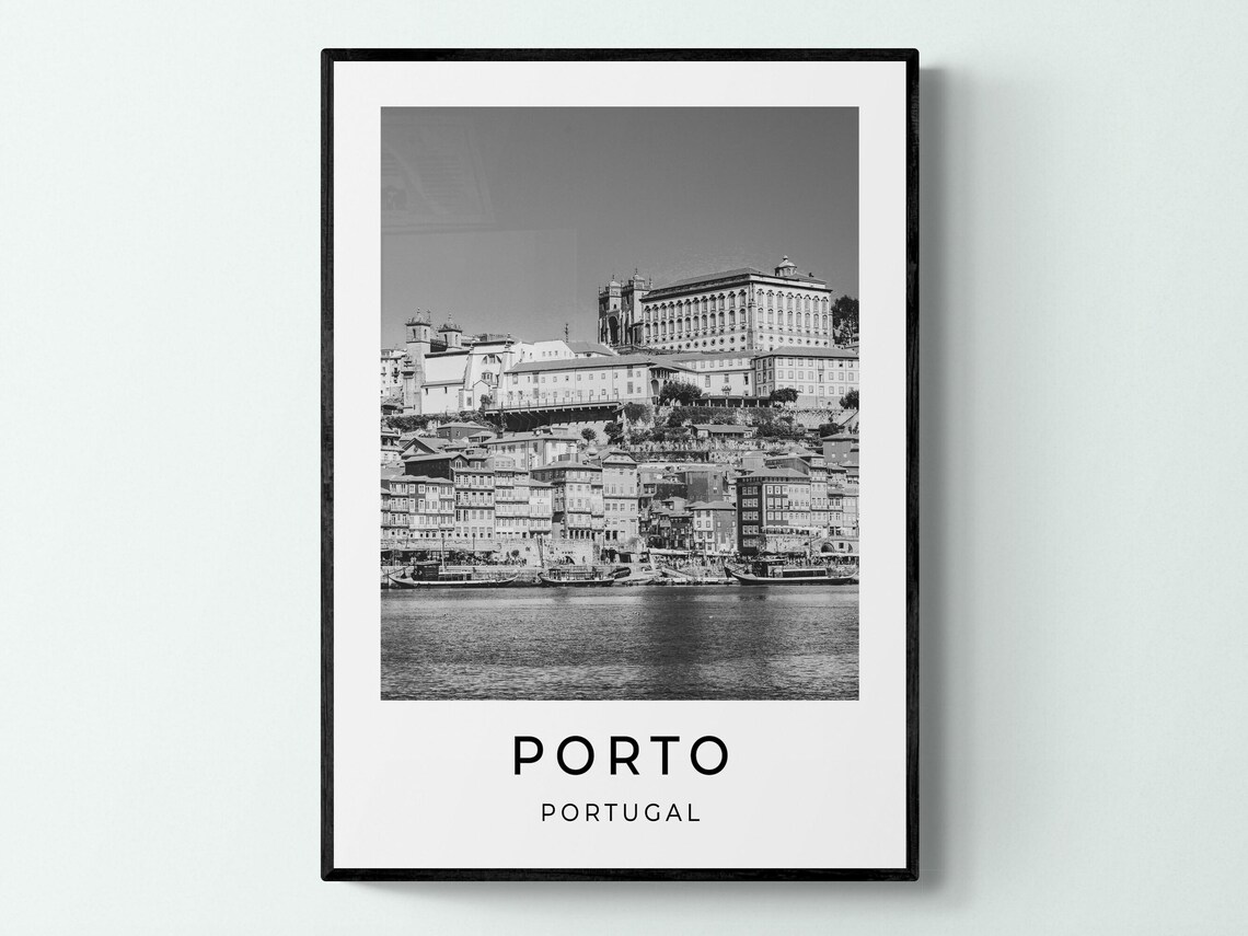 Porto Portugal Douro River Ribeira Old Town Monochrome Travel Poster