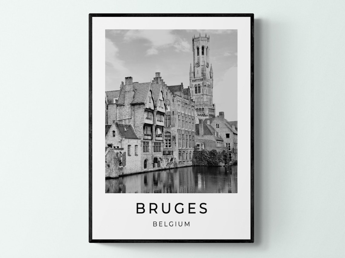 Bruges Belgium Belfry Canal Old Town Black And White Travel Poster