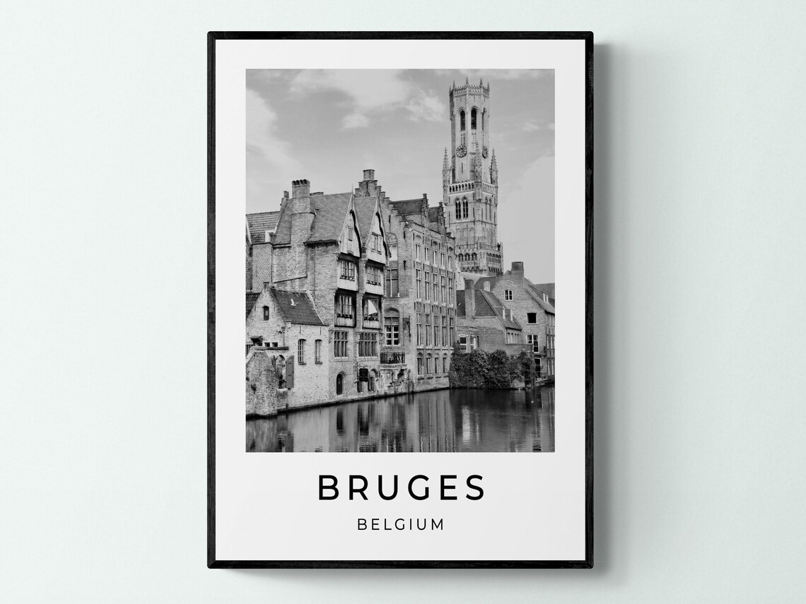 Bruges Belgium Belfry Tower Canal Reflection Old Town Travel Poster