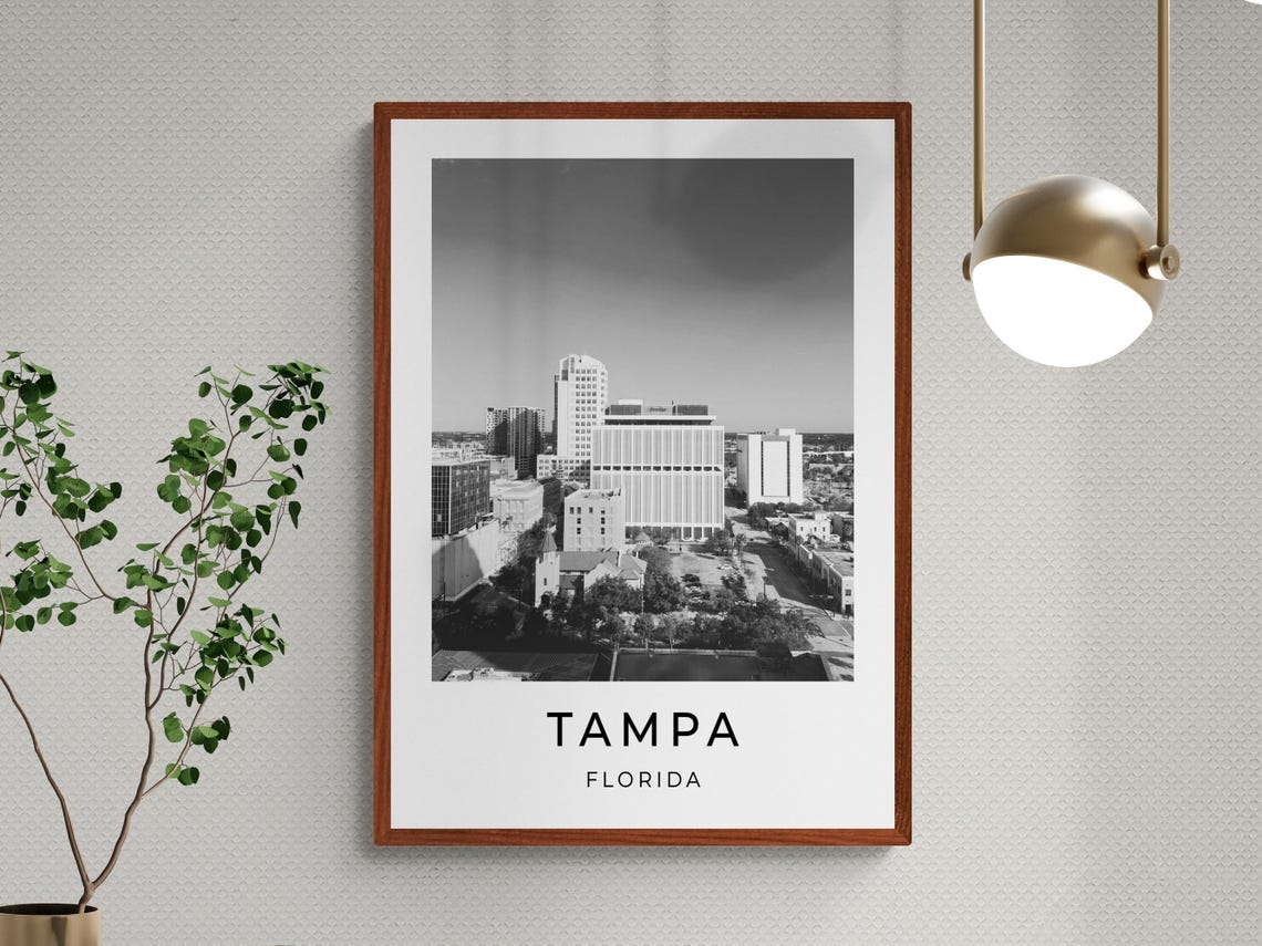 Tampa Florida Downtown Skyline Black And White Monochrome Poster - Image 3