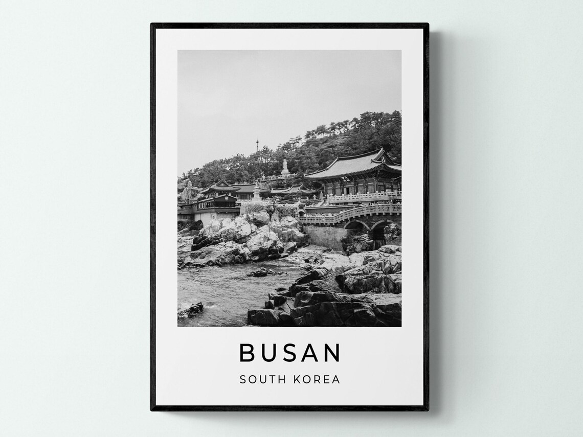 Busan South Korea Temple Black and White Minimalist Travel Poster
