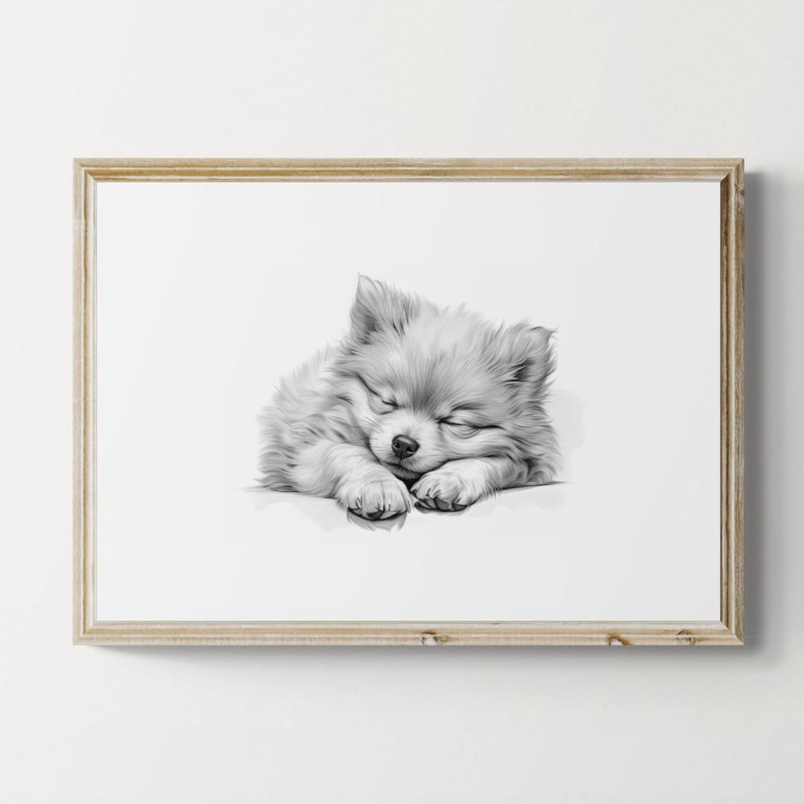 Pomeranian Puppy Sleeping Vintage Pencil Sketch Dog Breed Wall Art