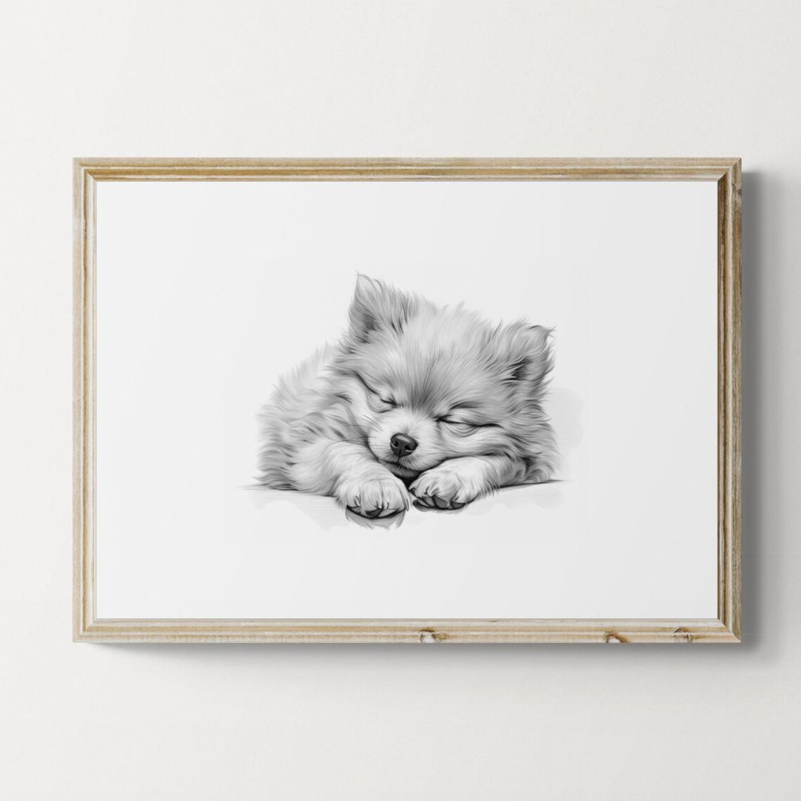 Sleeping Fluffy Puppy Pencil Sketch Black and White Cute Dog Wall Art - Image 3