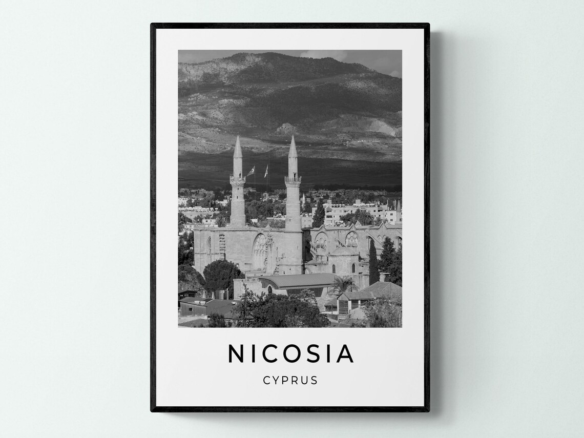 Nicosia Cyprus Black and White Selimiye Mosque Minarets Travel Poster