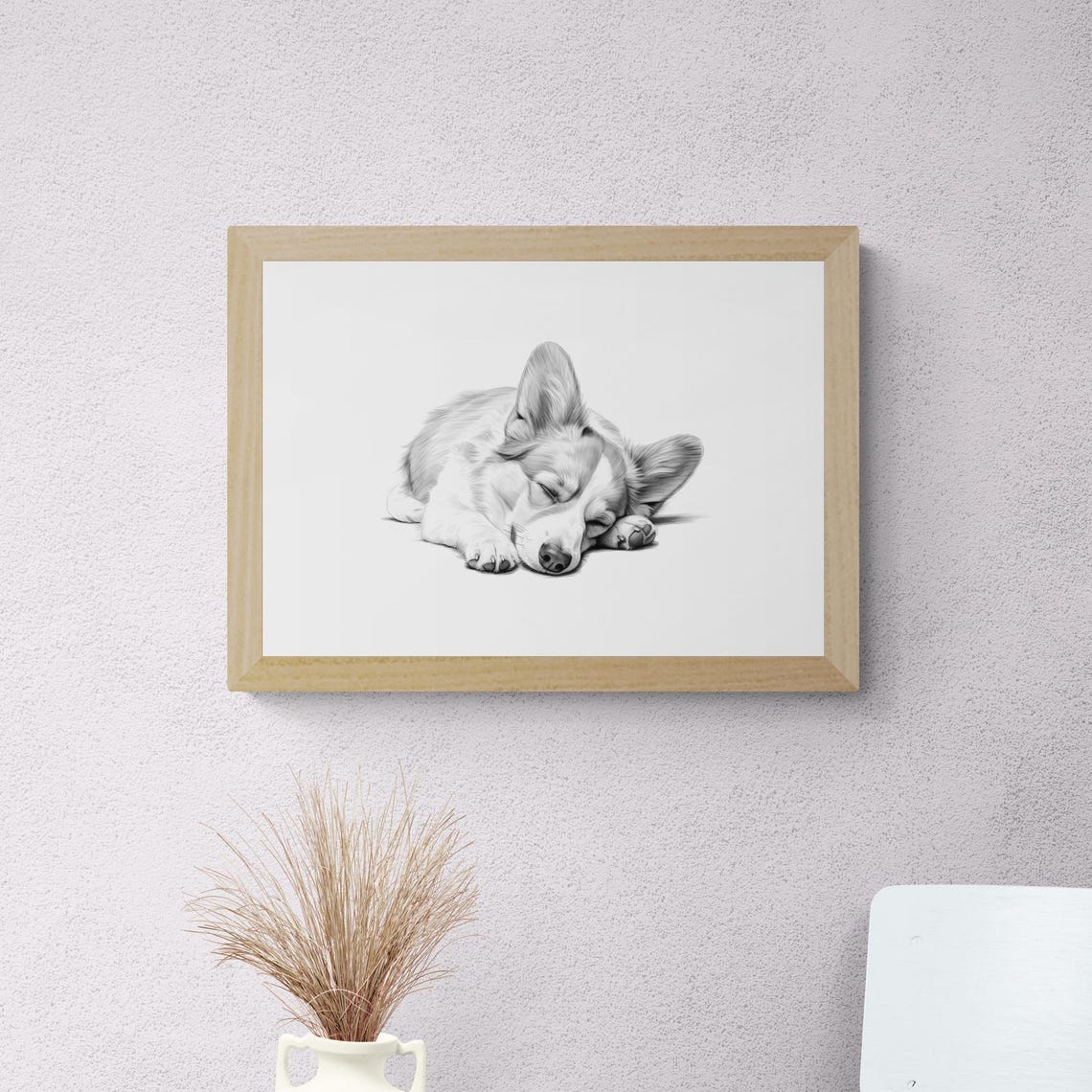 Sleeping Corgi Puppy Pencil Sketch Black White Minimalist Dog Wall Art - Image 2