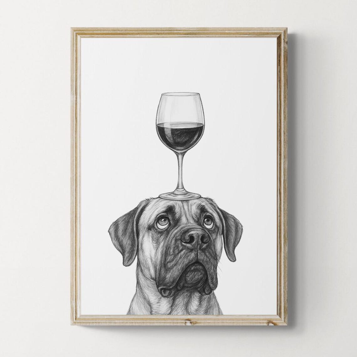Bullmastiff Dog Balancing Red Wine Glass Wrinkled Sketch Poster