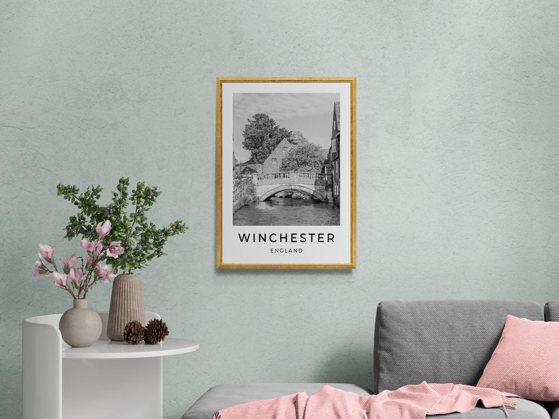 Winchester England Historic Stone Bridge River View Monochrome Poster - Image 2
