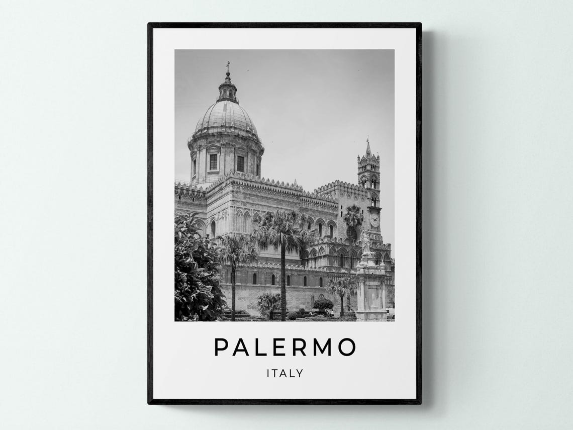 Palermo Italy Black and White Grand Cathedral Dome Travel Poster - Image 3