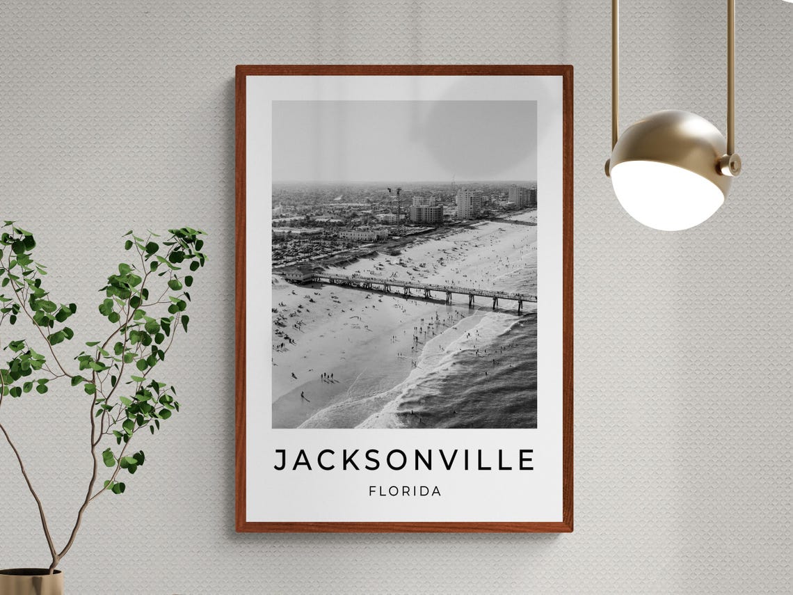 Jacksonville Florida Beach Pier Aerial Coastline Monochrome Poster - Image 3