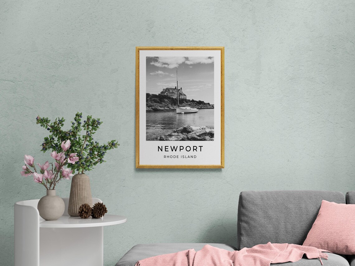 Newport Rhode Island Sailboat Rocky Cove Coastal Black White Poster - Image 2