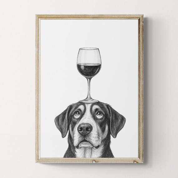 Greater Swiss Mountain Dog Art Print Funny And Wine Drawing Lover Wall Decor Lovers Gifts