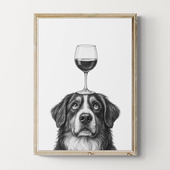 Bernese Mountain Dog Art Print Funny And Wine Drawing Lover Wall Decor Lovers Gifts
