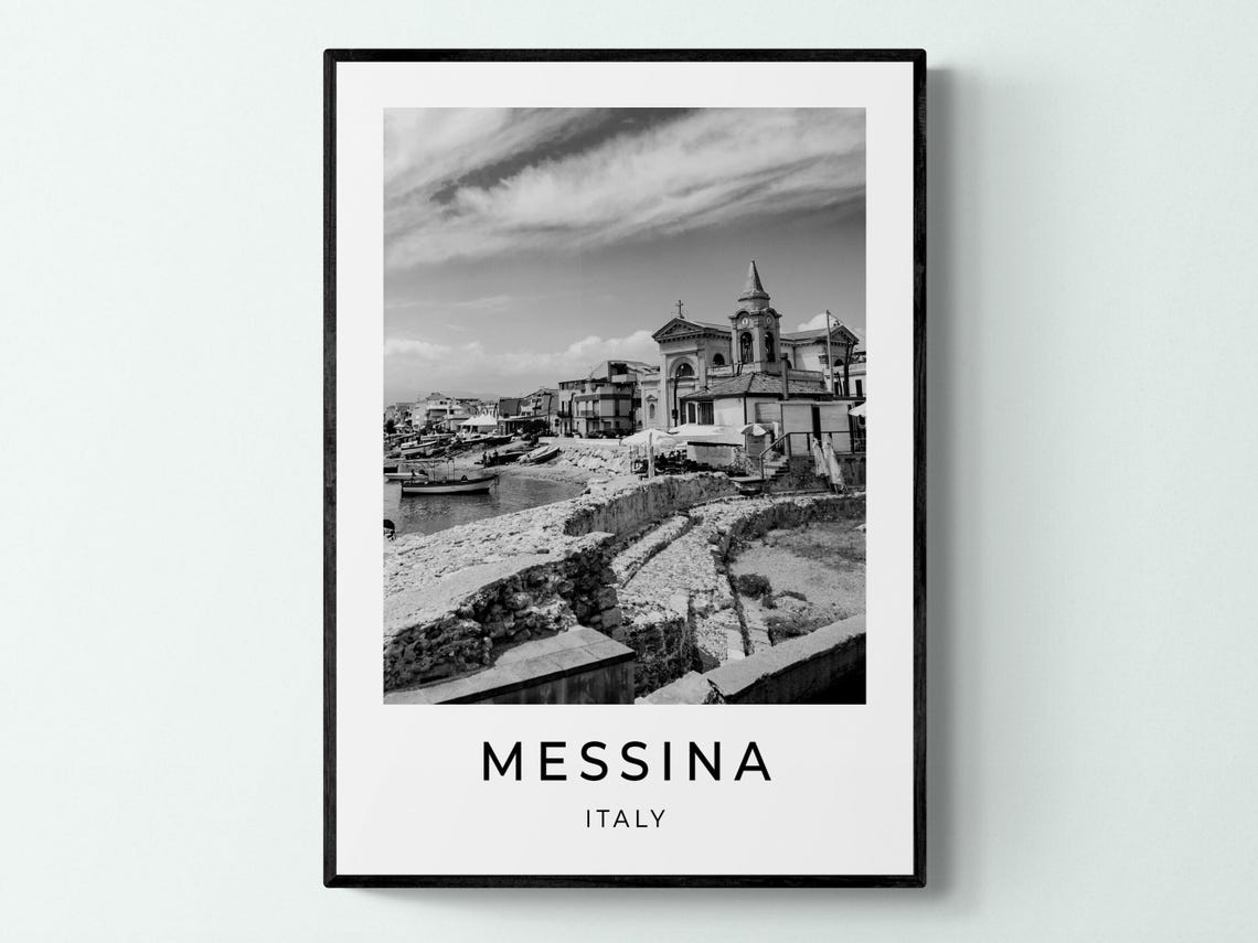 Messina Italy Black and White Harbor Church Sicily Coast Travel Poster - Image 3
