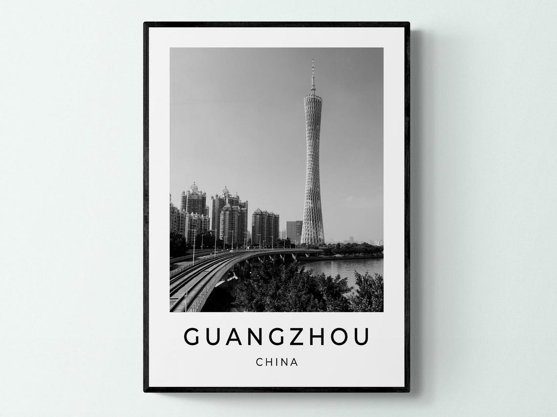 Guangzhou China Canton Tower Skyline Bridge Black White Print