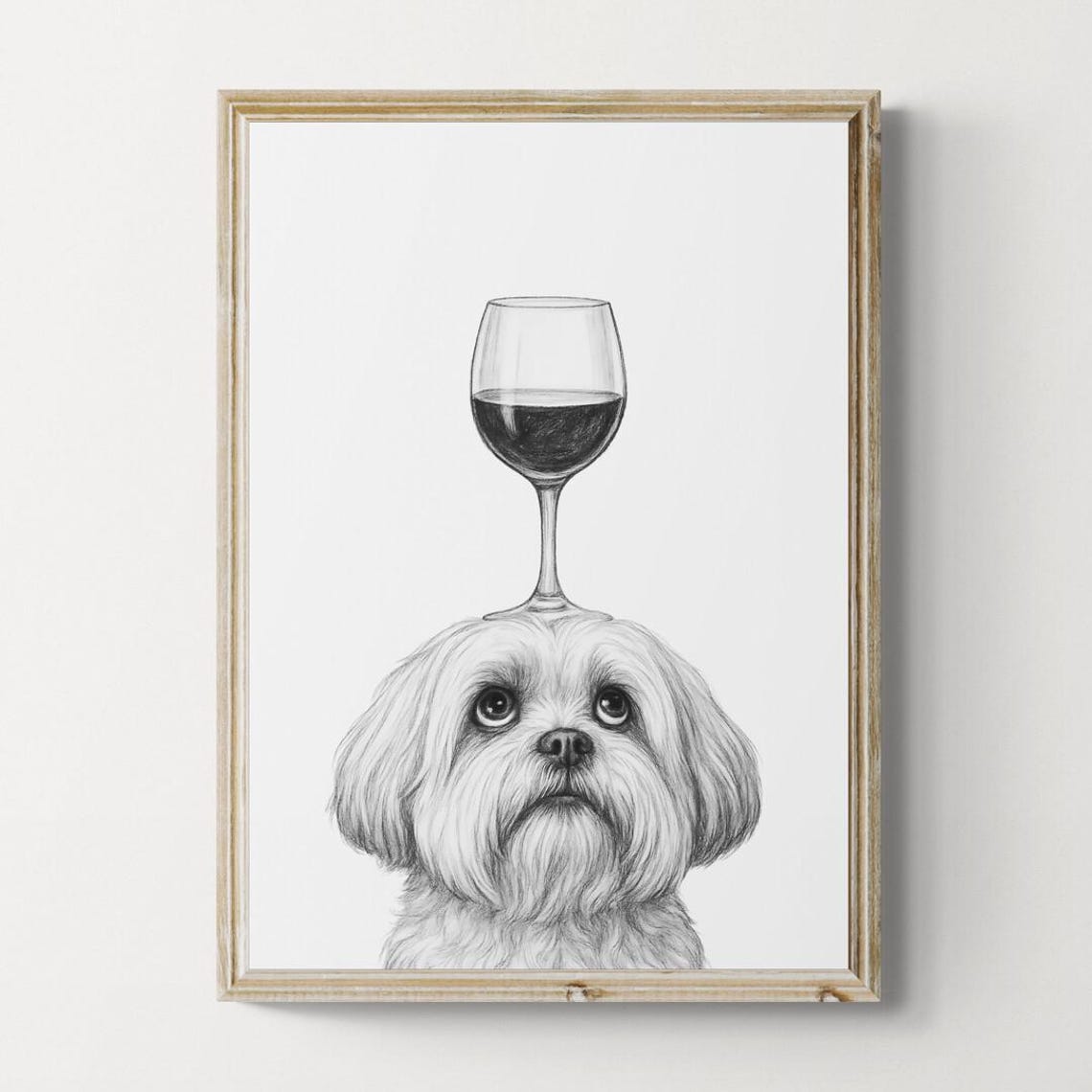 Lhasa Apso Balancing Wine Glass Playful Black White Art Poster