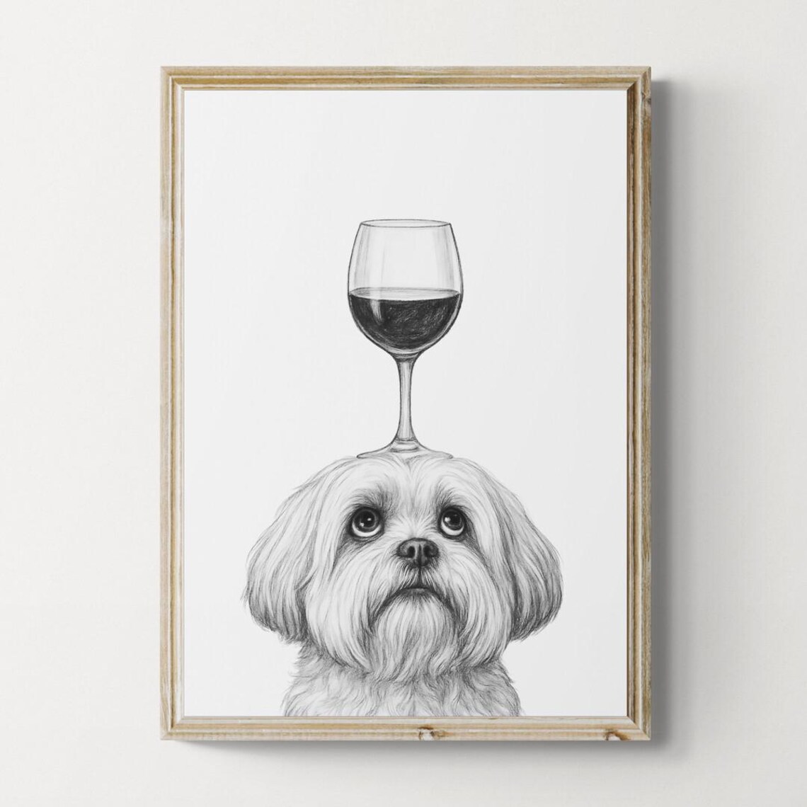 Lhasa Apso Dog Art Print Funny And Wine Drawing Lover Wall Decor Lovers Gifts