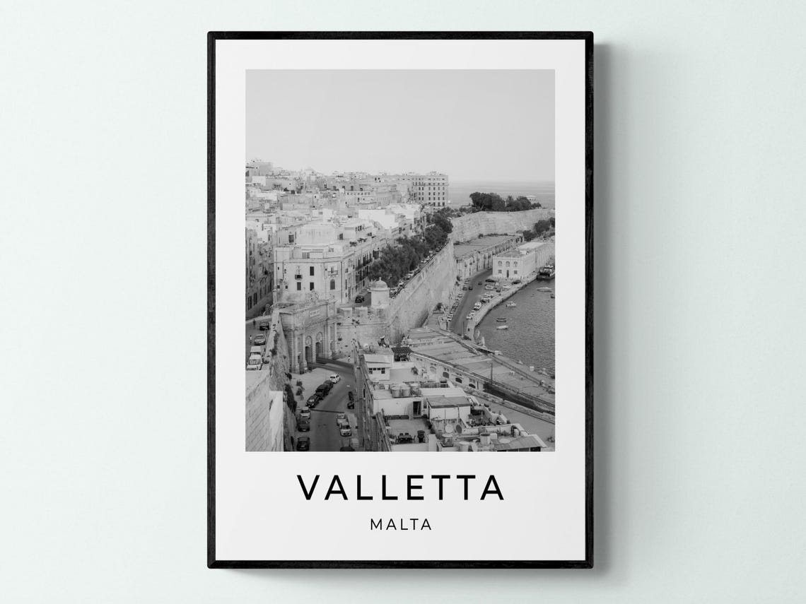 Valletta Malta Grand Harbour Fortress Walls Black White City Poster