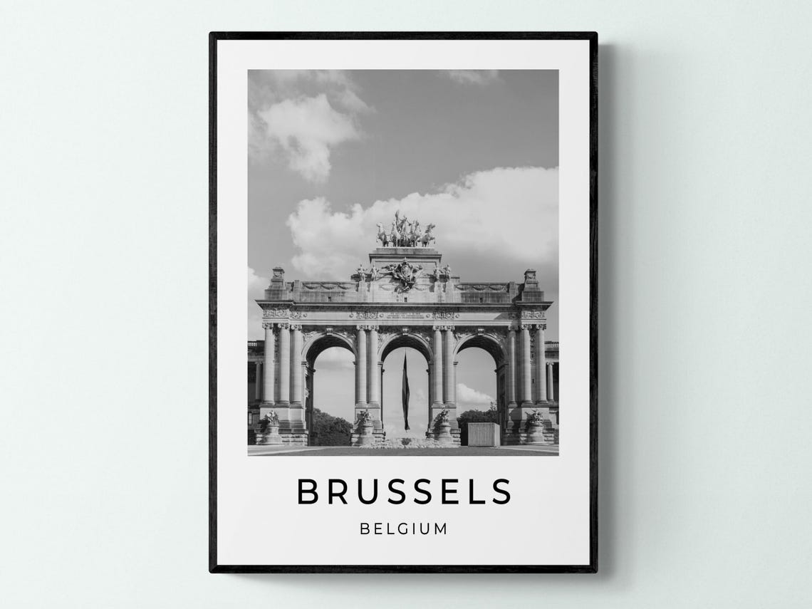Brussels Belgium Cinquantenaire Arch Black And White Travel Poster