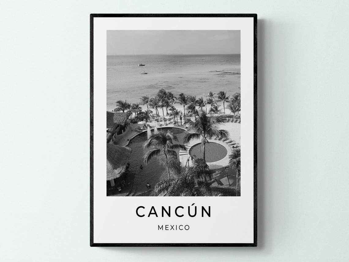 Cancun Mexico Beach Resort Pool Palm Trees Aerial Black White Poster