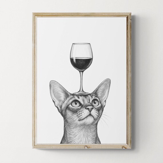 Abyssinian Cat Balancing Red Wine Glass Playful Sketch Art Poster