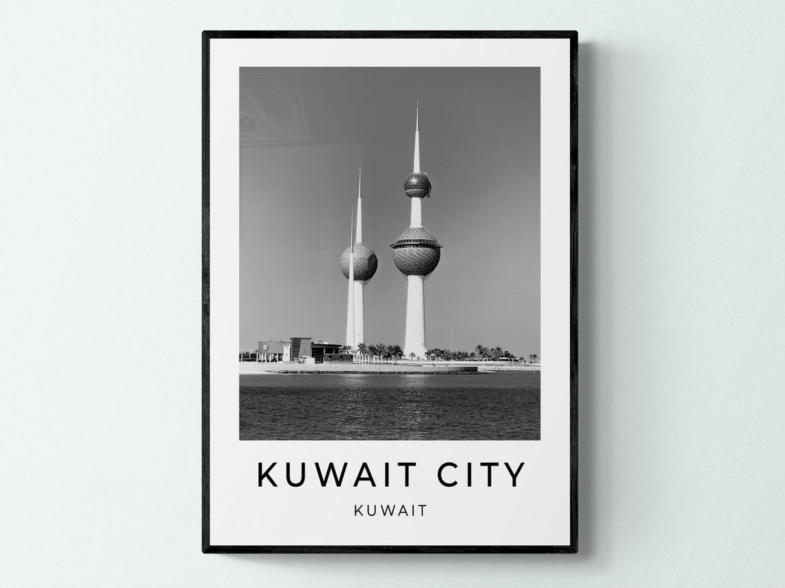 Kuwait City Towers Seaside Waterfront Monochrome Travel Poster