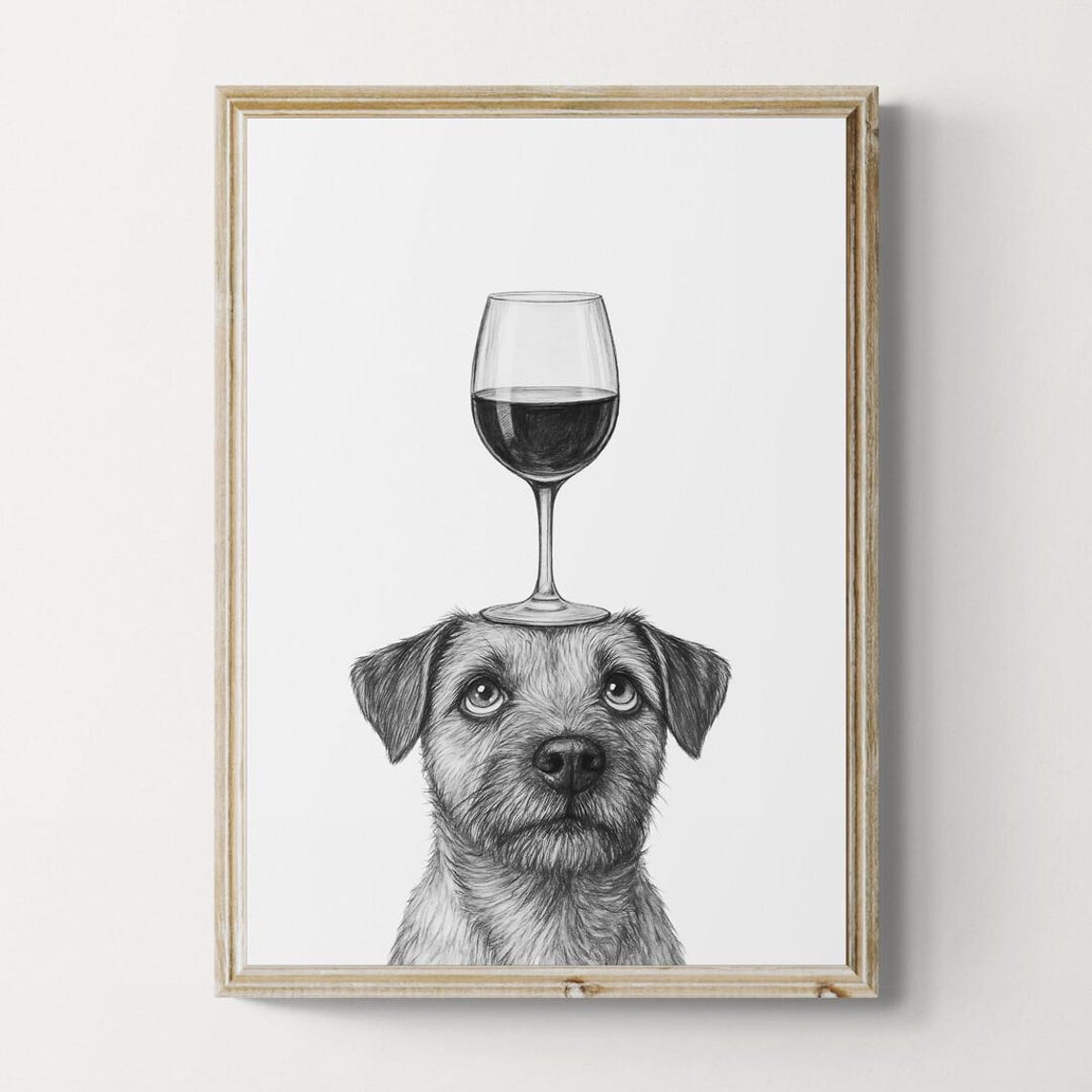 Border Terrier Dog Balancing Wine Glass Pencil Sketch Art Print