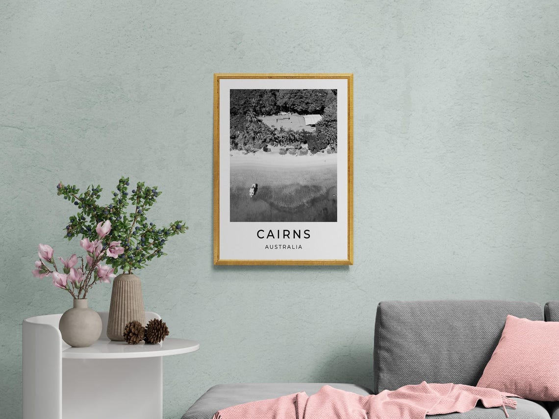 Cairns Australia Aerial Beach Palm Shore Boat Black and White Poster - Image 2