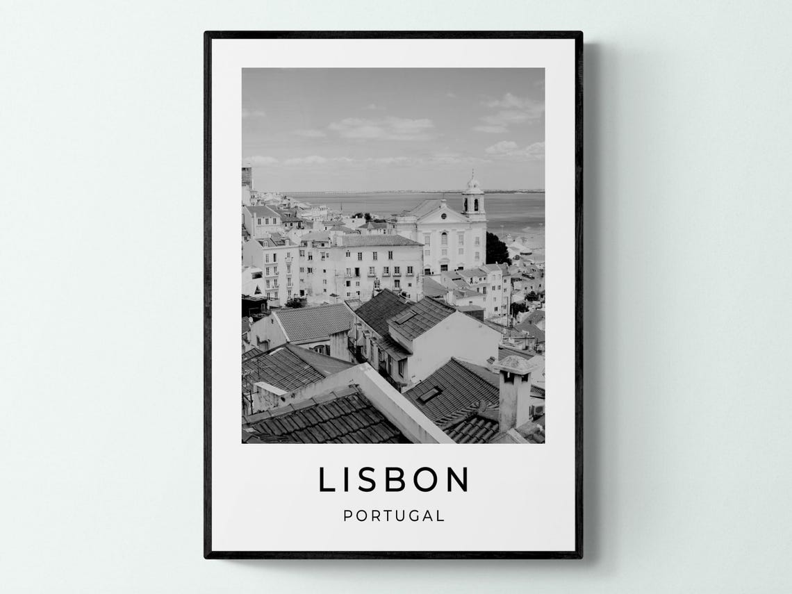 Lisbon Portugal Alfama Rooftops Tagus River View Black White Poster