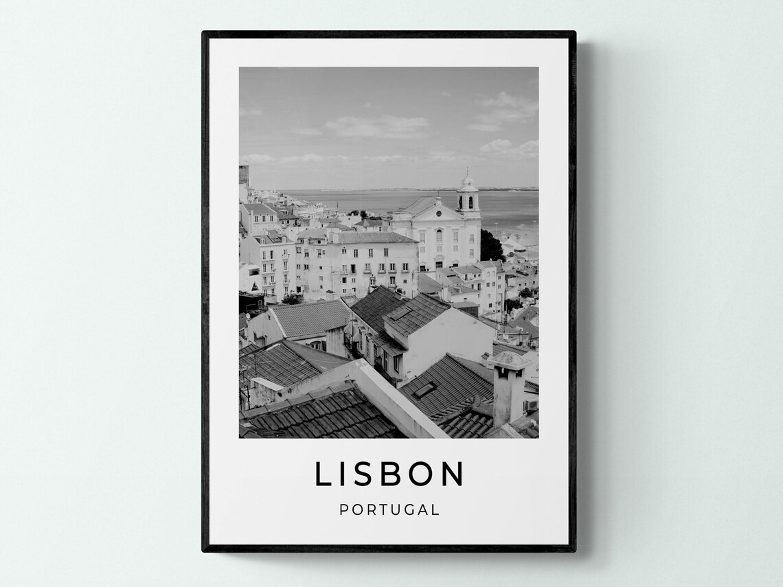 Lisbon Portugal Scenic Black White Old Town Rooftops Travel Poster