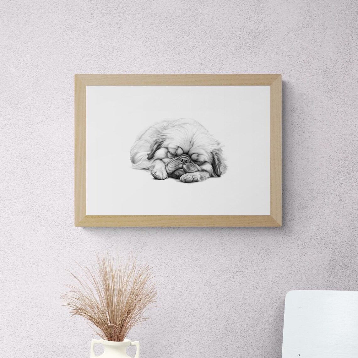 Pekingese Sleeping Vintage Pencil Sketch Dog Breed Monochrome Wall Art - Image 2