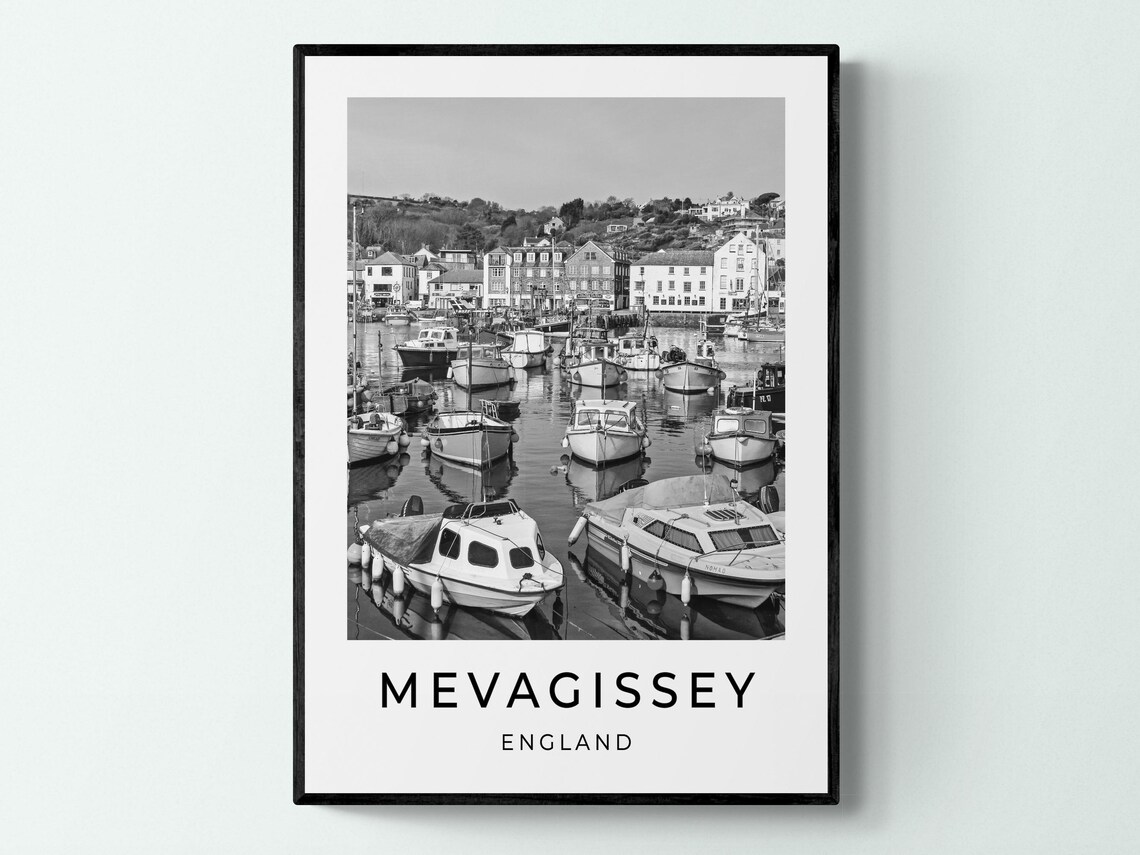 Mevagissey Cornwall England Fishing Harbor Boats Hillside Town Poster