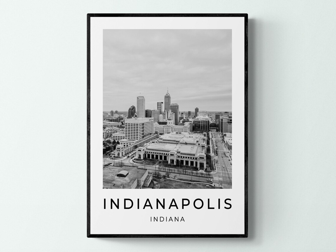 Indianapolis Indiana Downtown Aerial Black White Travel Poster