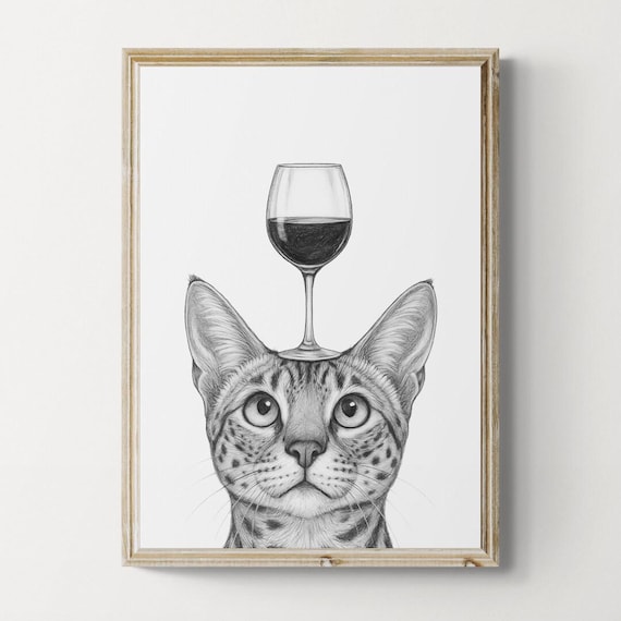 Savannah Cat Balancing Wine Glass Playful Hand Drawn Sketch Poster