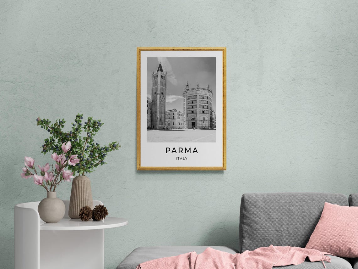 Parma Italy Black and White Cathedral Bell Tower Square Travel Poster