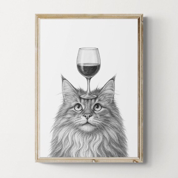 Norwegian Forest Cat Art Print Funny And Wine Drawing Lover Wall Decor Lovers Gifts