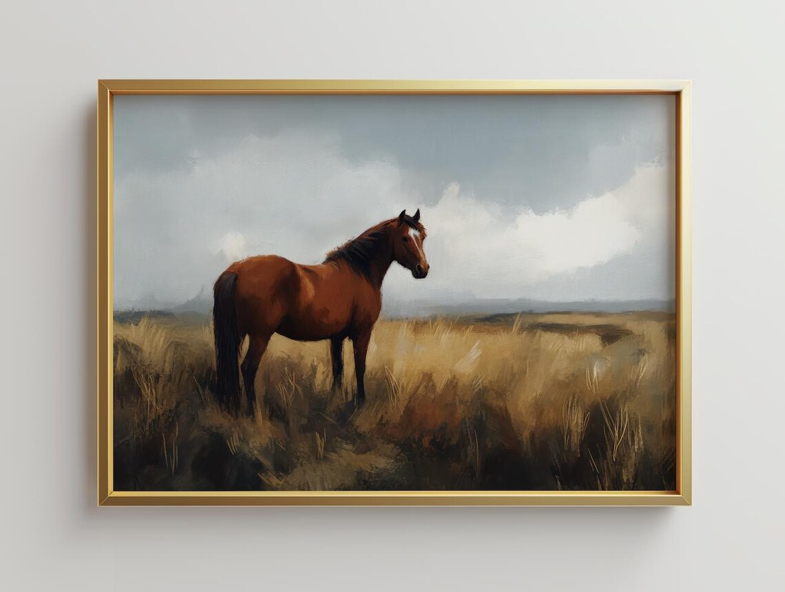 Chestnut Horse Golden Field Moody Sky Oil Painting Equestrian Art Poster