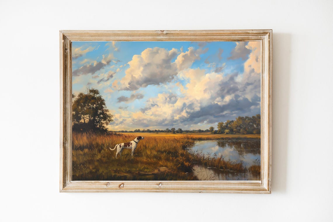 Vintage Hunting Dog Marshland Oil Painting Pointer Sunset Poster