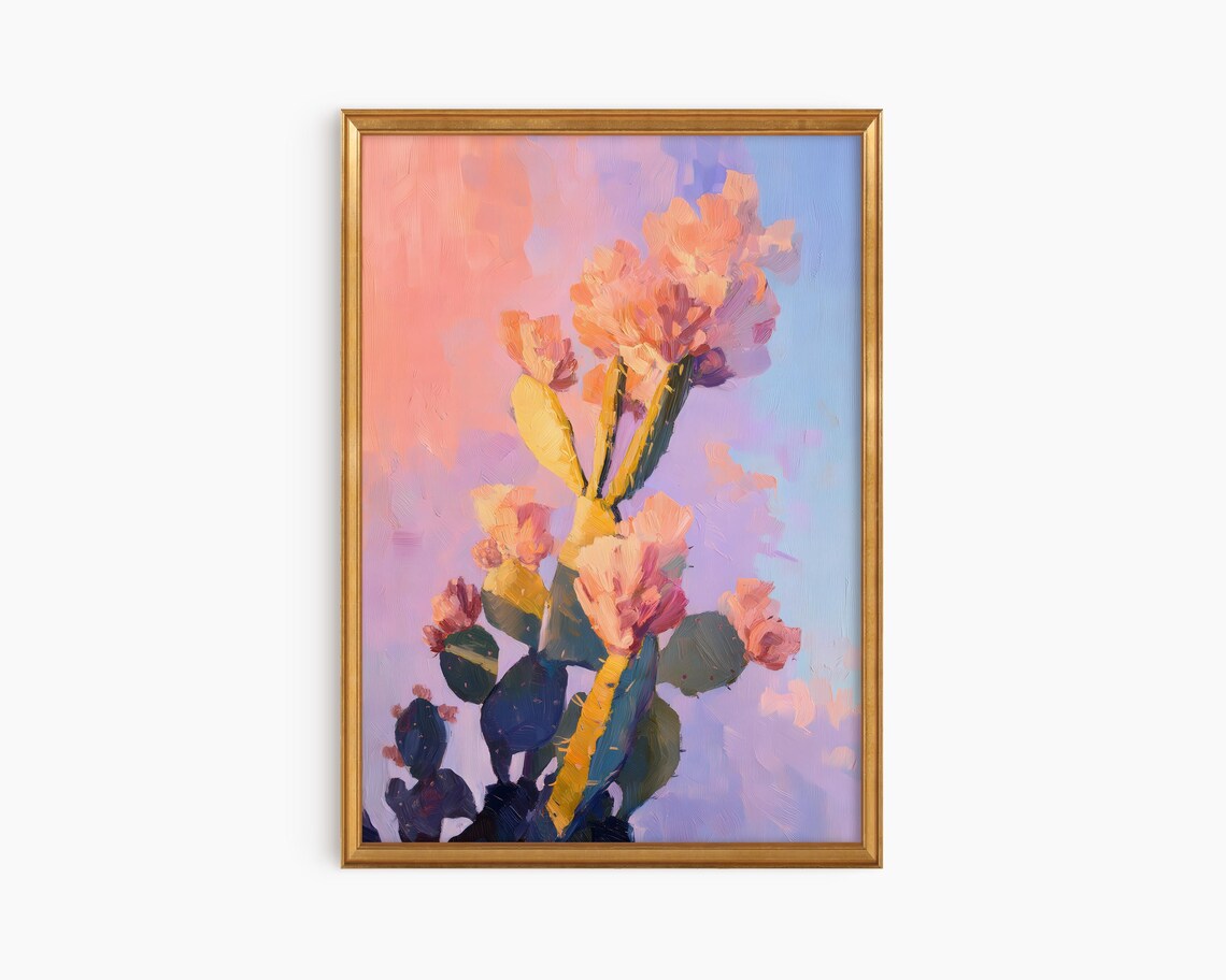 Framed Cactus Oil Painting Art Print Pastel Botanical Wall