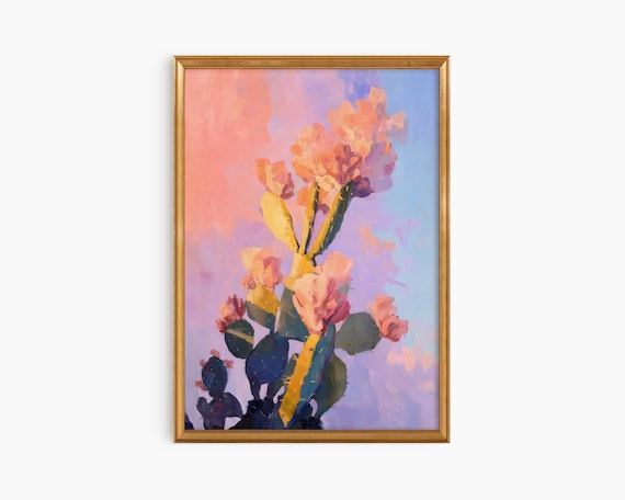 Blooming Cactus Oil Painting Pink Blossom Desert Sunset Poster