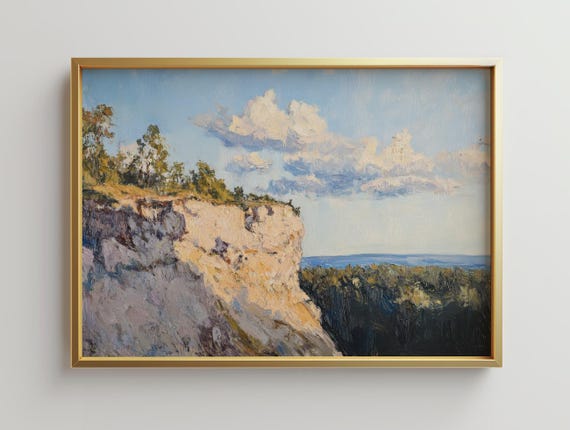 Gold Framed Cliffside Canyon Print Neutral Landscape Wall Art