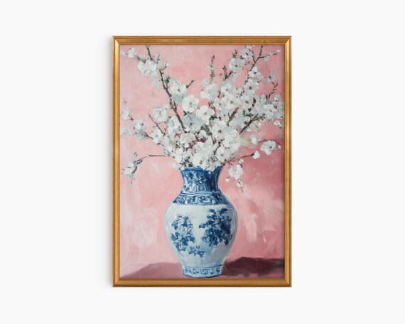 Chinoiserie Blue White Porcelain Vase White Blossoms Floral Poster