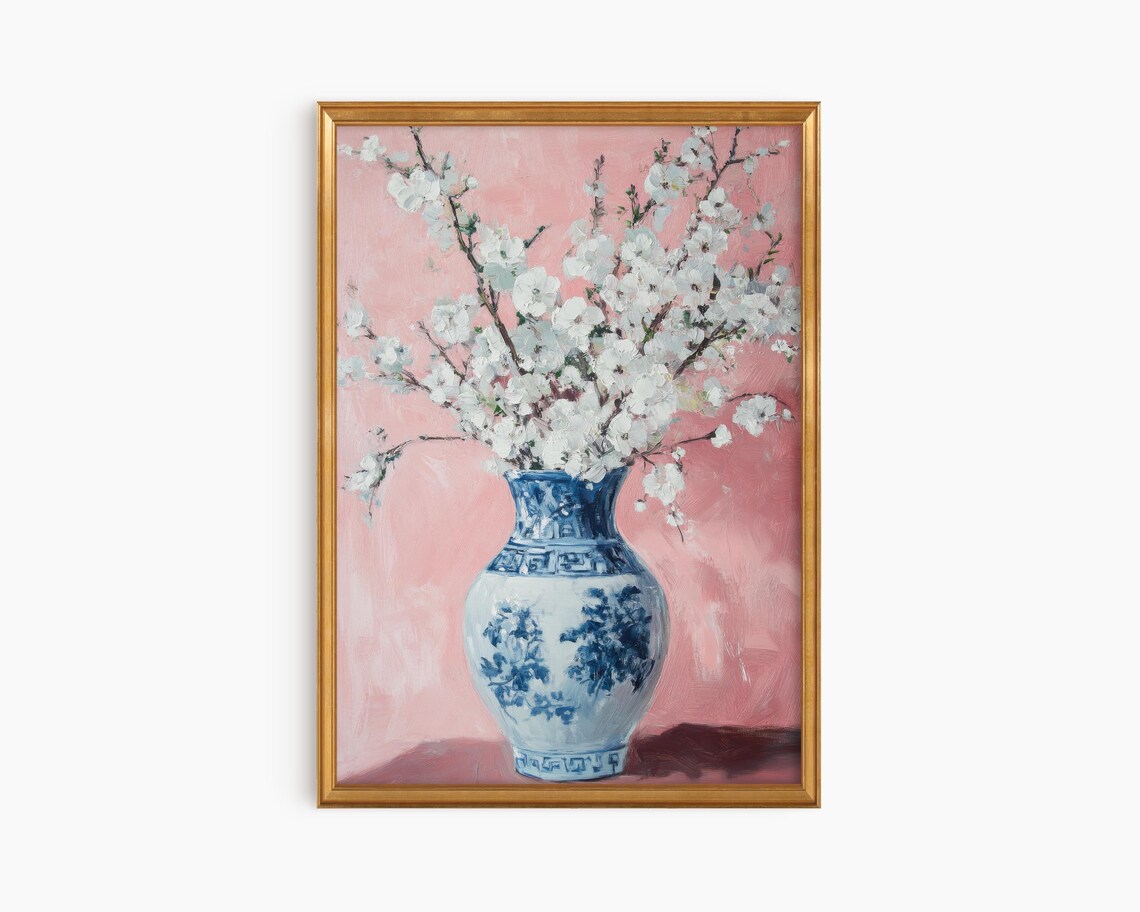 Chinoiserie Blue White Porcelain Vase White Blossoms Floral Poster