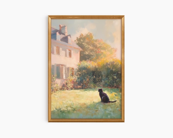 Black Cat Sunny Country Garden House Impressionist Oil Painting Poster