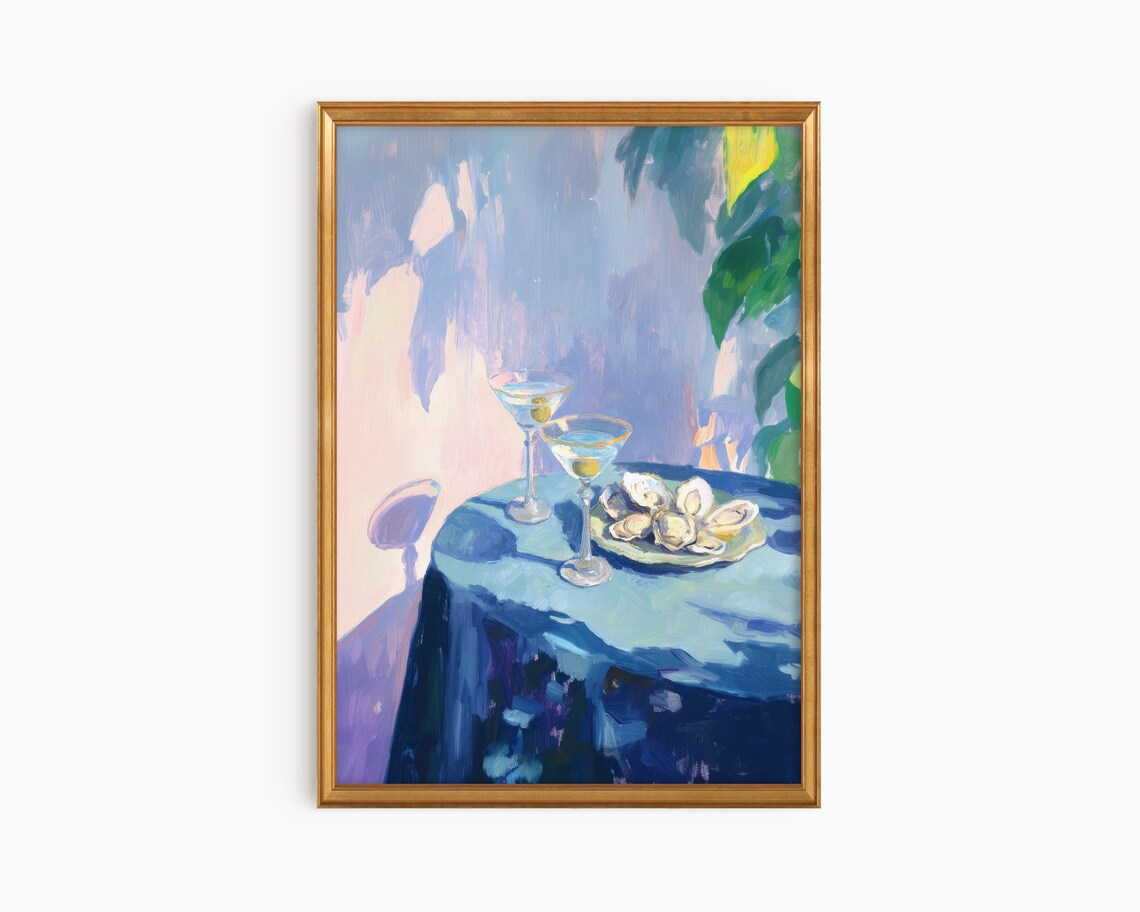Martinis and Oysters Blue Coastal Still Life Oil Painting Poster