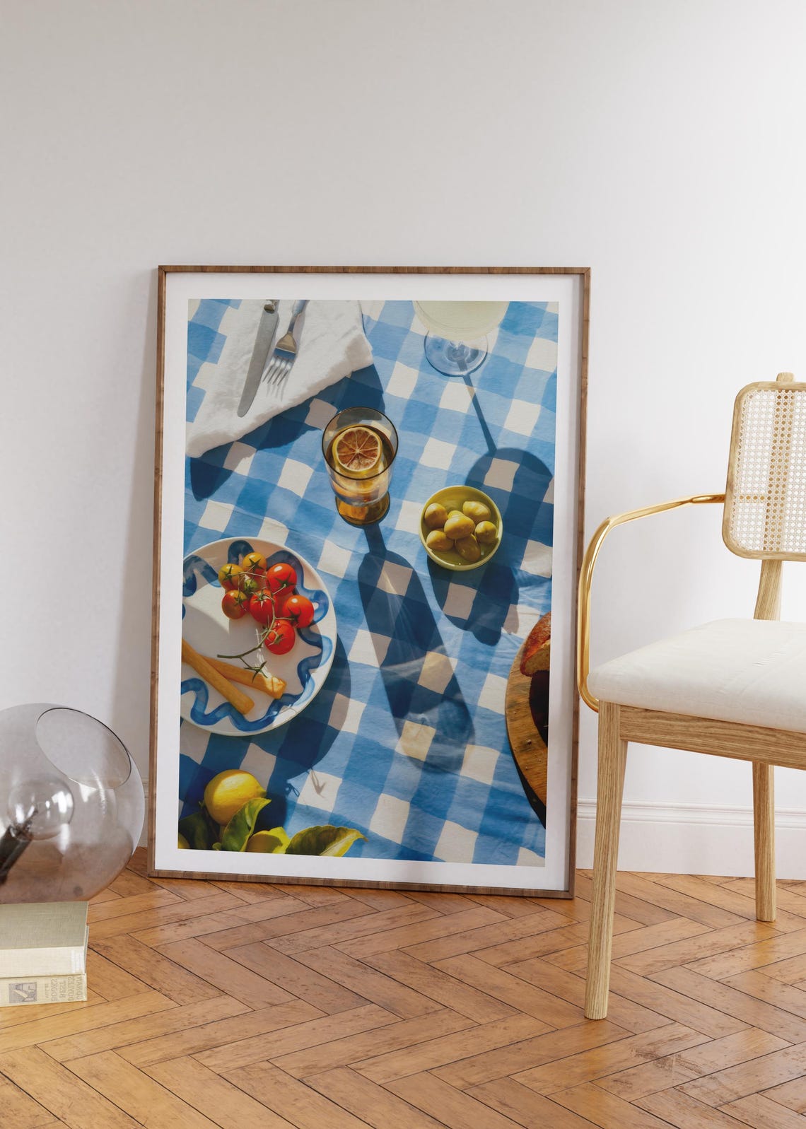 A Mediterranean Picnic On A Blue Checkered Table Food Poster