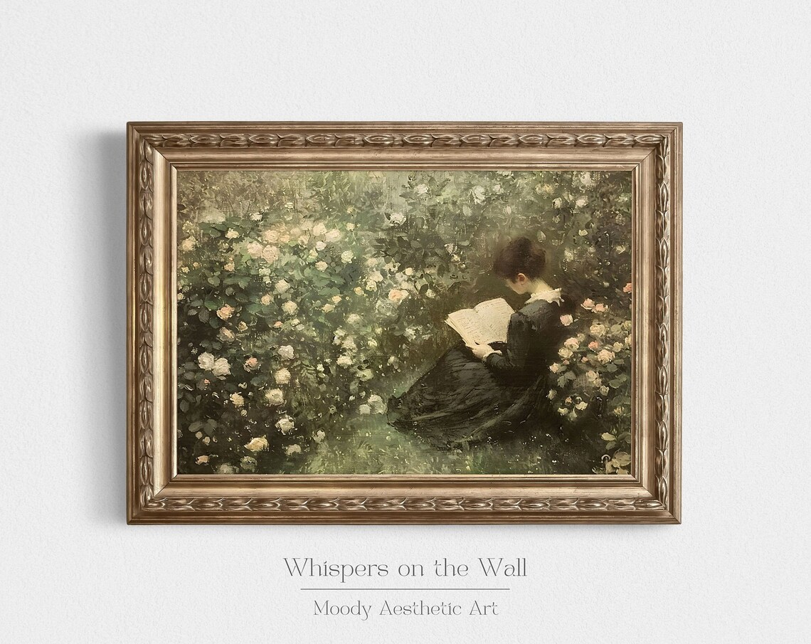 Reading In The Rose Garden Art Print, Victorian Decor