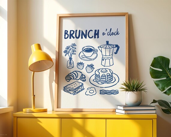 Brunch Oclock Blue Line Art Kitchen Food Illustration Poster